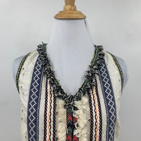 Artelier Nicole Miller Tank Top Women P Petite Embroidered Fringe Lace Up Tassel - Picture 3 of 14